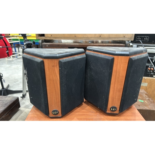 144 - Wharfedale speaker set, wood veneer, includes subwoofer and two satellite speakers, each with black ... 