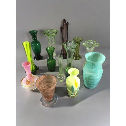 303 - Mid Century and Earlier Glass Vases. Ruffle Edged, Opaline Glass, Hand Blown Examples etc...13 in To... 