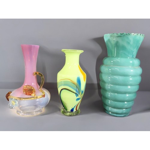 303 - Mid Century and Earlier Glass Vases. Ruffle Edged, Opaline Glass, Hand Blown Examples etc...13 in To... 