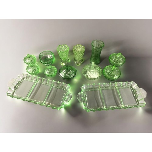 305 - Art Deco Green Glass in the Uranium Style - Trays, Vases Vanity Dishes ect...13 pieces.