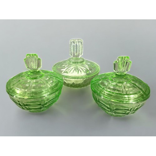 305 - Art Deco Green Glass in the Uranium Style - Trays, Vases Vanity Dishes ect...13 pieces.