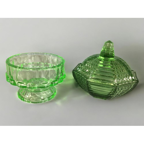 305 - Art Deco Green Glass in the Uranium Style - Trays, Vases Vanity Dishes ect...13 pieces.