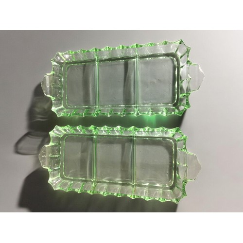 305 - Art Deco Green Glass in the Uranium Style - Trays, Vases Vanity Dishes ect...13 pieces.