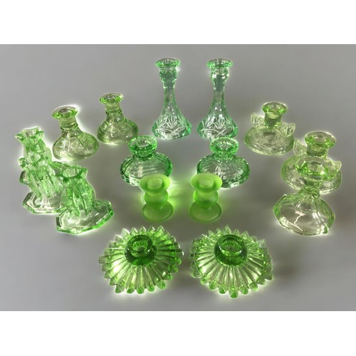 306 - Art Deco Glass Candlesticks - Green Glass in the Uranium Style Colouring. Good Quantity of Varying D... 