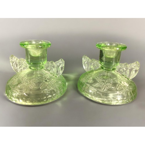 306 - Art Deco Glass Candlesticks - Green Glass in the Uranium Style Colouring. Good Quantity of Varying D... 