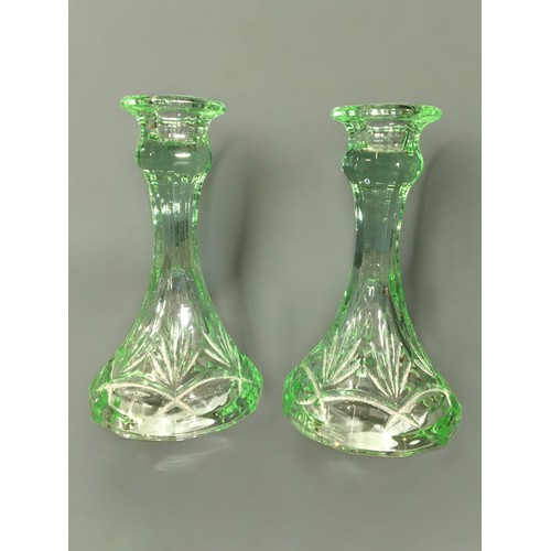 306 - Art Deco Glass Candlesticks - Green Glass in the Uranium Style Colouring. Good Quantity of Varying D... 