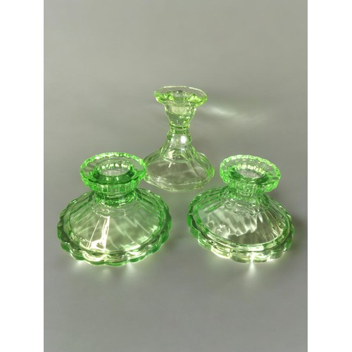 306 - Art Deco Glass Candlesticks - Green Glass in the Uranium Style Colouring. Good Quantity of Varying D... 