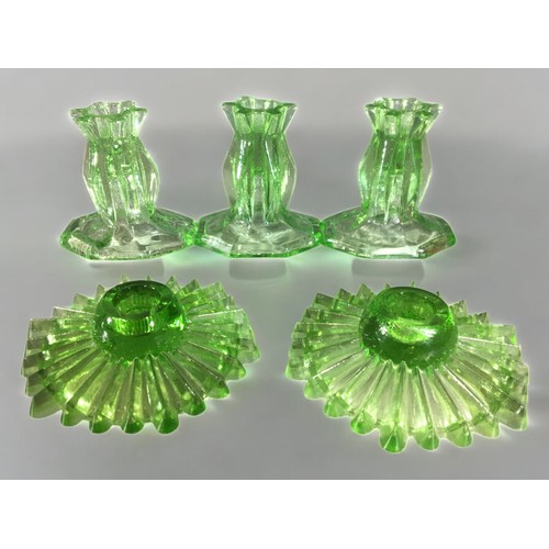 306 - Art Deco Glass Candlesticks - Green Glass in the Uranium Style Colouring. Good Quantity of Varying D... 