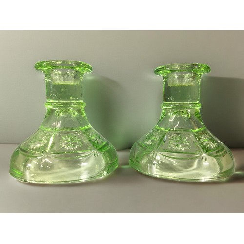 306 - Art Deco Glass Candlesticks - Green Glass in the Uranium Style Colouring. Good Quantity of Varying D... 