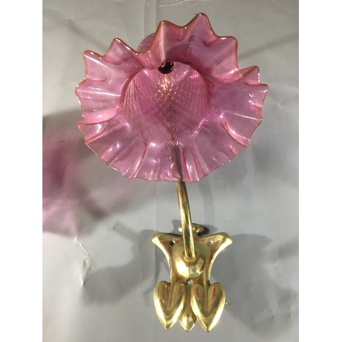 307 - Pair of Art Nouveau Style Brass Wall Mounted Lights With Ruffled Edge Pink Glass Shades.