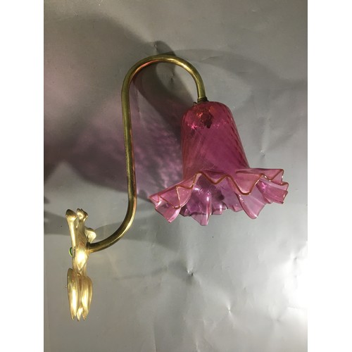 307 - Pair of Art Nouveau Style Brass Wall Mounted Lights With Ruffled Edge Pink Glass Shades.