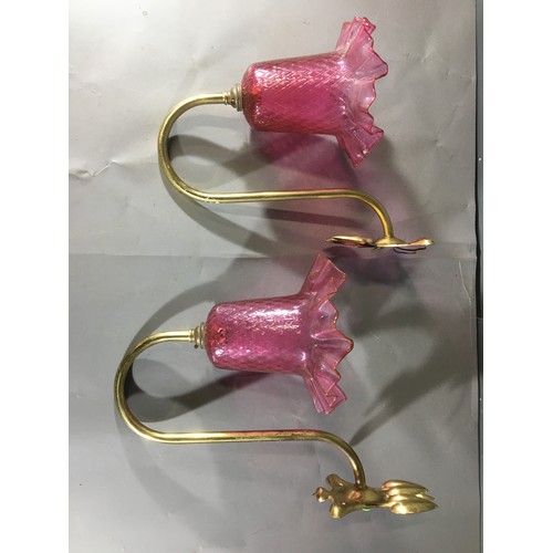 307 - Pair of Art Nouveau Style Brass Wall Mounted Lights With Ruffled Edge Pink Glass Shades.