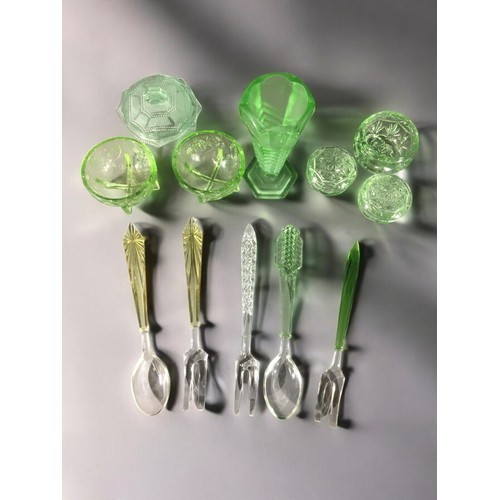 308 - Art Deco Glass Salad Servers and other Green Art Deco Glass.