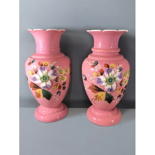 311 - Antique Late Victorian Pair of Pink Cased Enameled and Painted Glass Vases Foliate Design.H 33cm... 