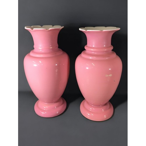 311 - Antique Late Victorian Pair of Pink Cased Enameled and Painted Glass Vases Foliate Design.H 33cm... 