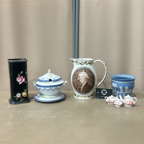 126 - Mixed porcelain lot includes a Copeland jug with portrait, floral vase, lidded dish with plate, blue... 