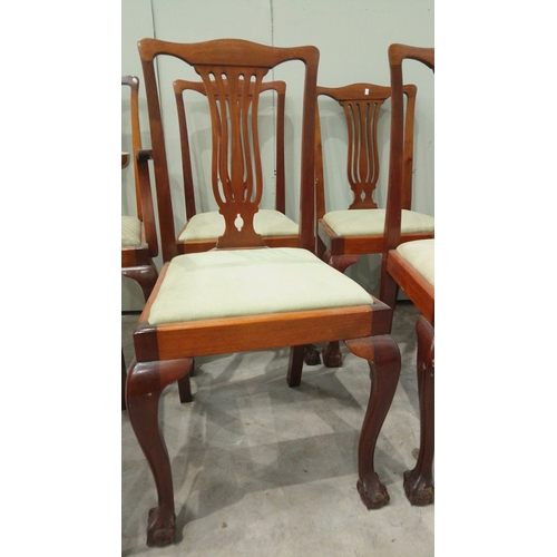 127 - Set of six mahogany dining chairs feature Chippendale-style backs and upholstered seats. They have c... 