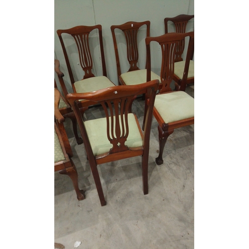 127 - Set of six mahogany dining chairs feature Chippendale-style backs and upholstered seats. They have c... 