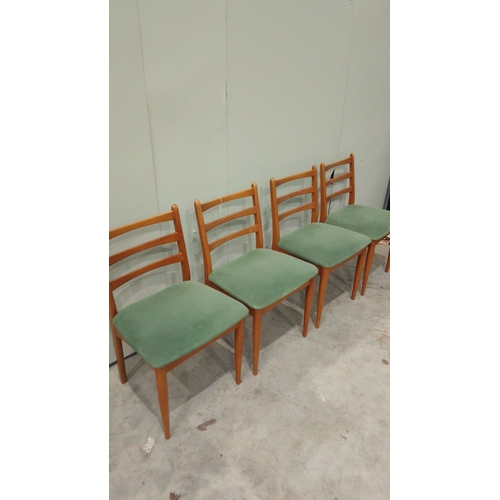 129 - Set of four Schreiber mid-century modern chairs with green upholstered seats and wooden ladder-back ... 