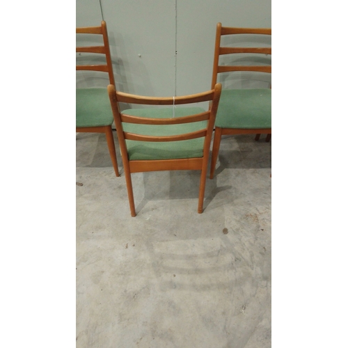 129 - Set of four Schreiber mid-century modern chairs with green upholstered seats and wooden ladder-back ... 