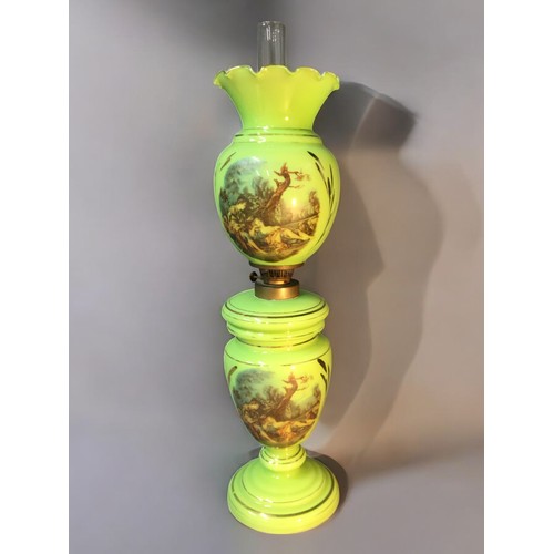 74 - 19th Century Oil Lamps - Large Lime Green with Gilt and Pictorial Decoration Lamp Complete, Milk Gla... 