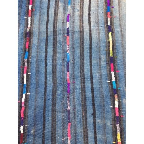 152 - Large Traditional Turkish Kilim Rug Blue Ground Striped Decoration. L 291cm W 138cm