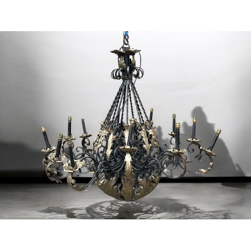 160A - A pair of very large Italian mid-century gilt parcel metal chandeliers. 12 branch, Gilded Acanthus d... 