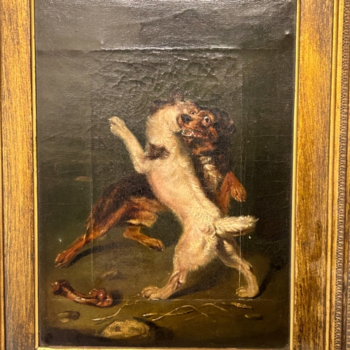 174 - A Georgian Oil on Canvas. Depicting Dogs fighting over a bone. 37.5 x 31cm (incl frame). Provenance:... 