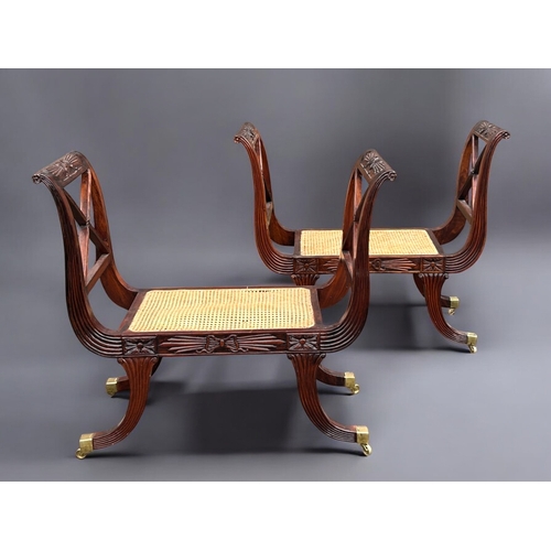 183 - A pair of Regency style hardwood Window seats. Cane seats, with 'X' form ends with carved 'Ribbon' d... 