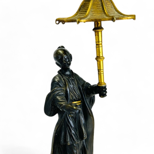 330 - A Charles X Gilt and Patinated bronze Chinoiserie candlestick. French, 1st quarter 19th century. Hei... 