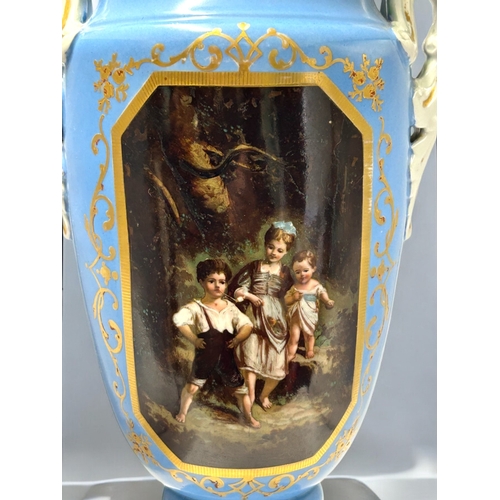 381 - A large 19th century Old Paris porcelain vase. In the Sevres style.  'Bleu Célèste' ground with hand... 