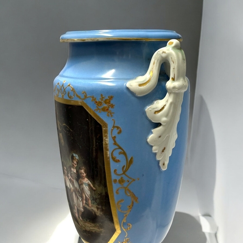 381 - A large 19th century Old Paris porcelain vase. In the Sevres style.  'Bleu Célèste' ground with hand... 