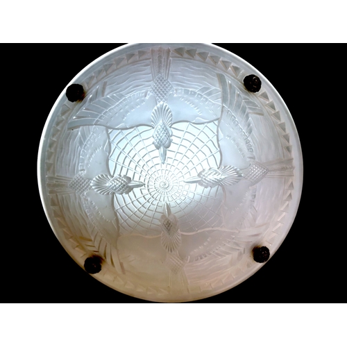 393 - An Art Deco Lalique style glass Plafonnier hanging lamp shade. Decorated with stylised 'Swallows'. S... 