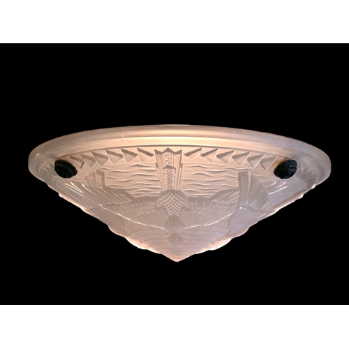 393 - An Art Deco Lalique style glass Plafonnier hanging lamp shade. Decorated with stylised 'Swallows'. S... 