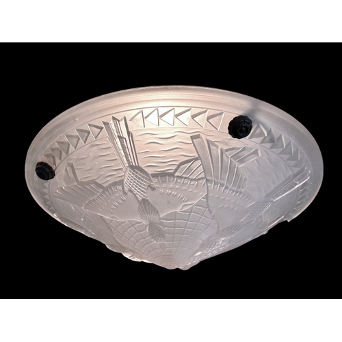 393 - An Art Deco Lalique style glass Plafonnier hanging lamp shade. Decorated with stylised 'Swallows'. S... 