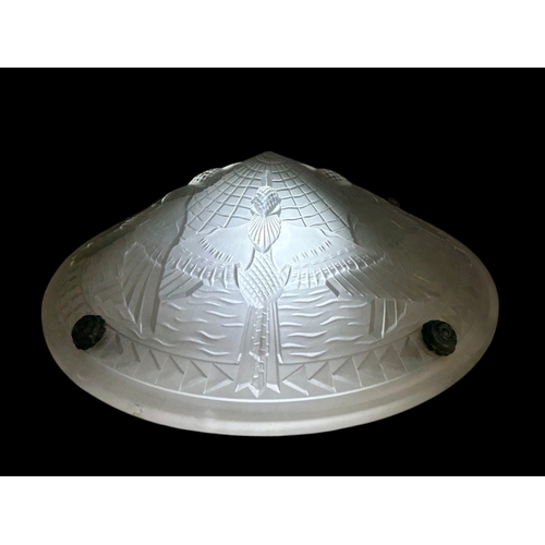 393 - An Art Deco Lalique style glass Plafonnier hanging lamp shade. Decorated with stylised 'Swallows'. S... 