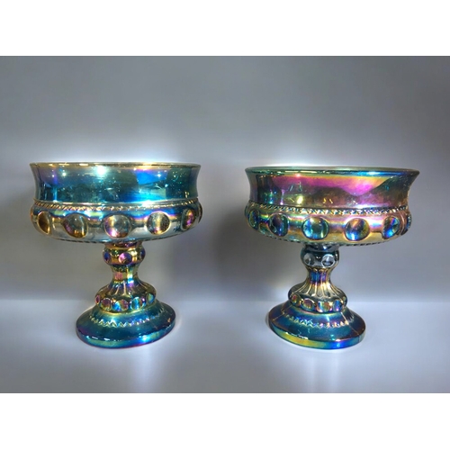 400 - Indiana Blue Iridescent Carnival Glass Tazza and 2 x Smaller Pedestal BonBon Dishes. Tazza H 19cm x ... 