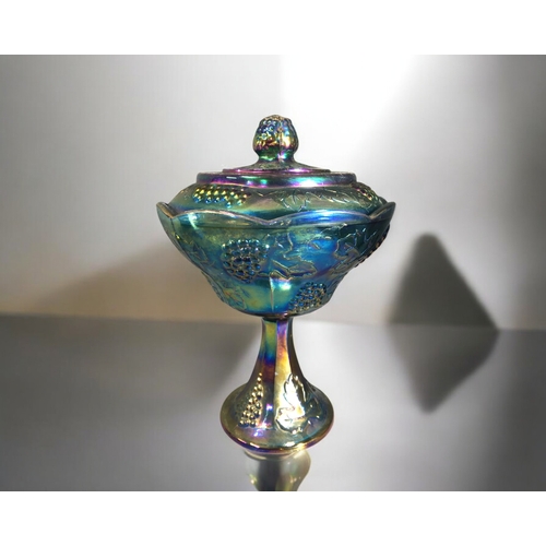 401 - Carnival Glass Iridescent Blue Grapevine Pattern Lidded Pedestal Centre Bowl, Lidded Cannister and T... 