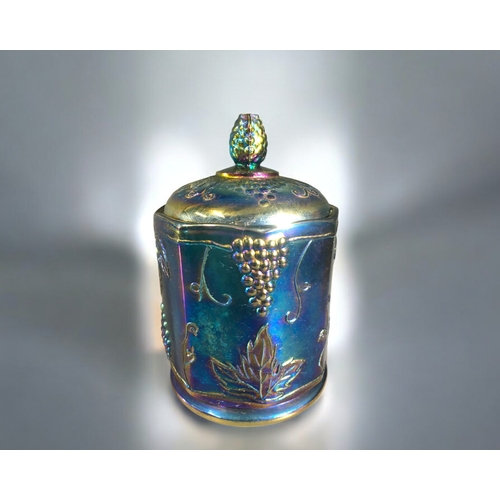 401 - Carnival Glass Iridescent Blue Grapevine Pattern Lidded Pedestal Centre Bowl, Lidded Cannister and T... 