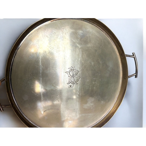 453 - Christopher Dresser for Hukin & Heath silver plate tray. No, 2079. Raised on stylised ball feet,... 