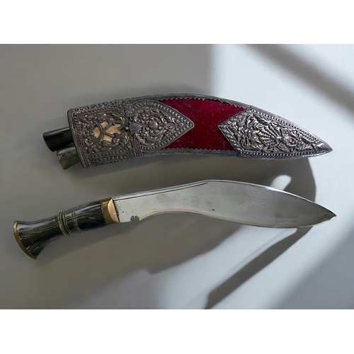 457 - A Burmese ceremonial (Kothimora) Khukuri knife. 20th century. Velvet & silver overlay decorated ... 