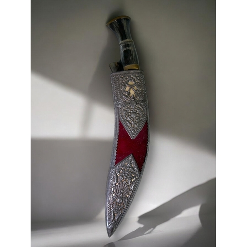 457 - A Burmese ceremonial (Kothimora) Khukuri knife. 20th century. Velvet & silver overlay decorated ... 