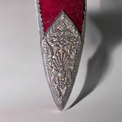 457 - A Burmese ceremonial (Kothimora) Khukuri knife. 20th century. Velvet & silver overlay decorated ... 