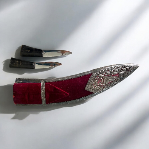 457 - A Burmese ceremonial (Kothimora) Khukuri knife. 20th century. Velvet & silver overlay decorated ... 