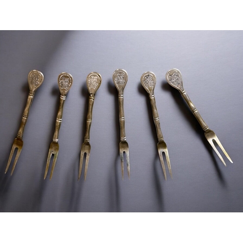 92 - A collection of Chinese export silver. Including a pair of Swan table salts, six forks and an engrav... 