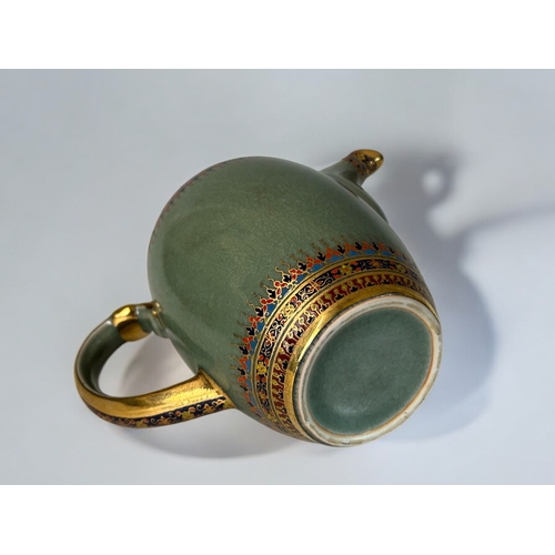 9 - A Thai Benjarong Celadon ground and enamelled painted Teapot and milk jug.20th century. Unmarked. He... 