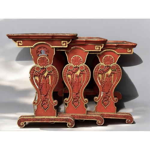 14 - A Chinese carved wood and Gesso nest of tables.Republic period, Circa 1920.Carved scenes in cinnabar... 