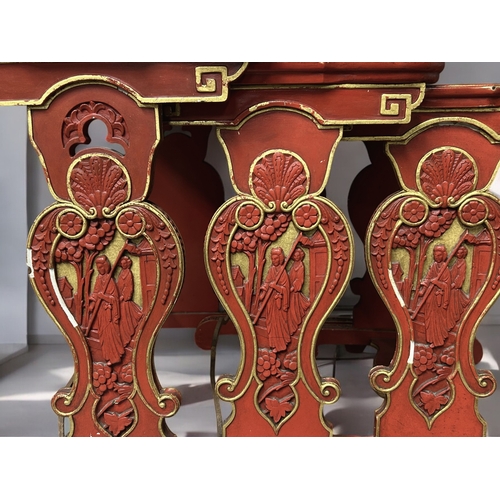 14 - A Chinese carved wood and Gesso nest of tables.Republic period, Circa 1920.Carved scenes in cinnabar... 