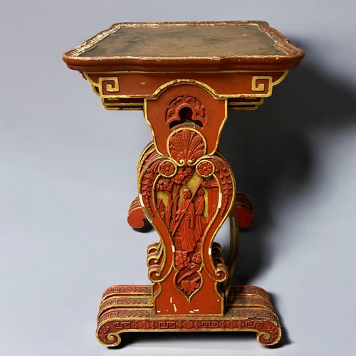 14 - A Chinese carved wood and Gesso nest of tables.Republic period, Circa 1920.Carved scenes in cinnabar... 
