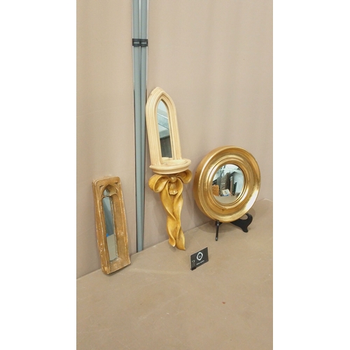 4 - Gilt convex mirror, Gothic-style narrow mirror, and ornate ribbon wall mirror.